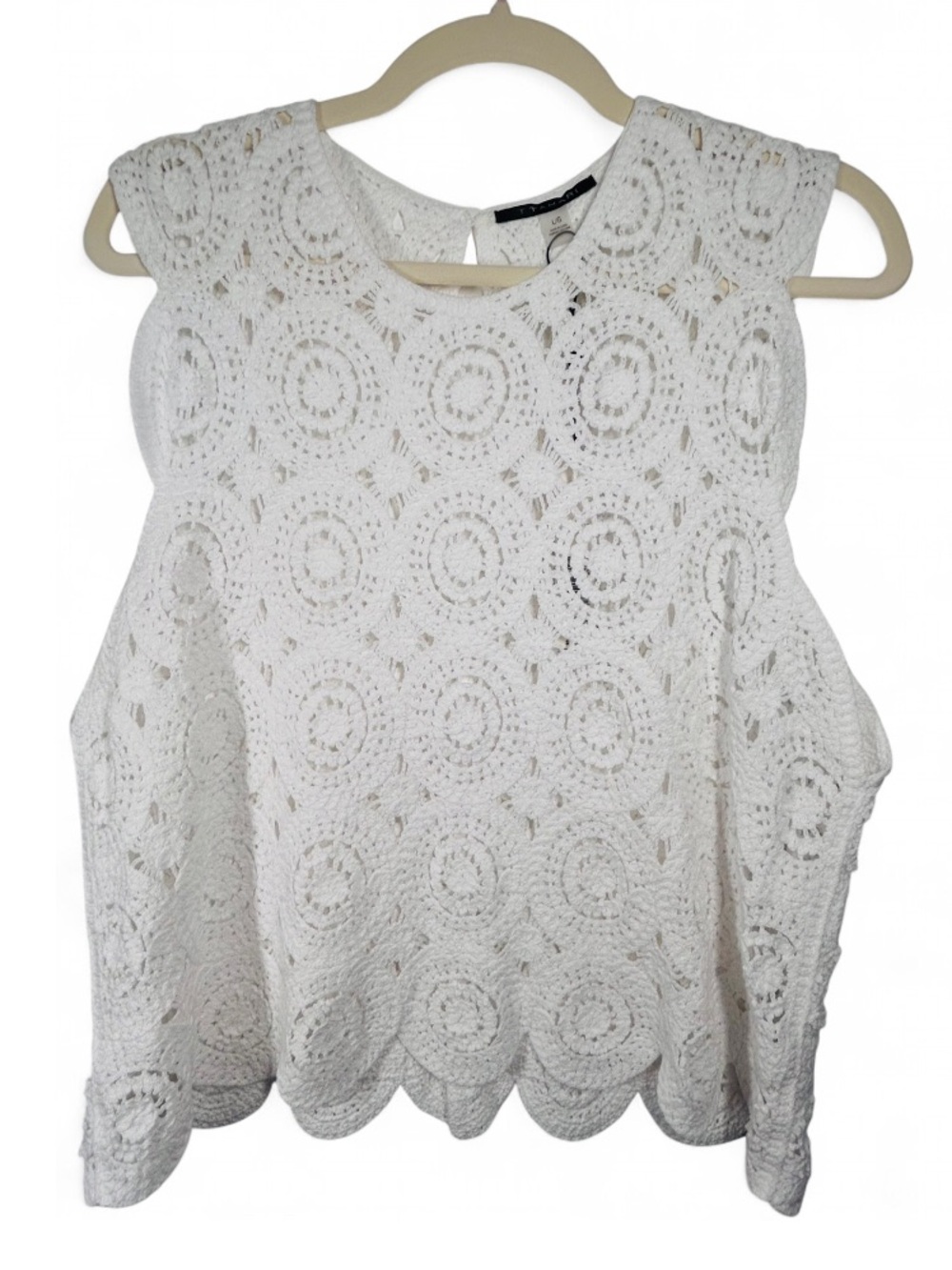 Tahari white crochet sleeveless blouse, intricate circular medallion patterns, L - Picture 3 of 8